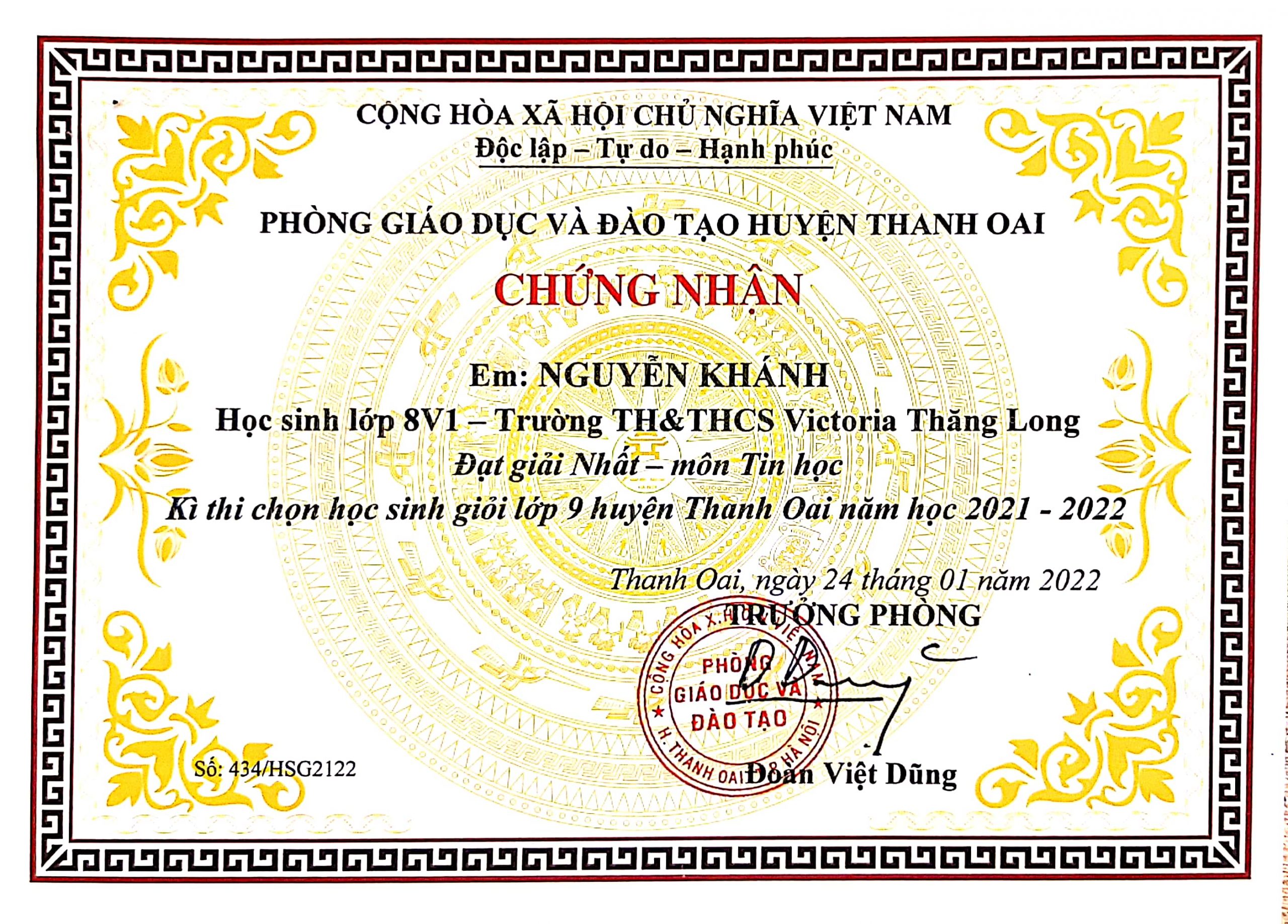 NHỮNG KẾT QUẢ NỔI BẬT CỦA HỌC SINH VICTORIA THĂNG LONG TẠI KÌ THI CHỌN HỌC SINH GIỎI LỚP 9 HUYỆN THANH OAI