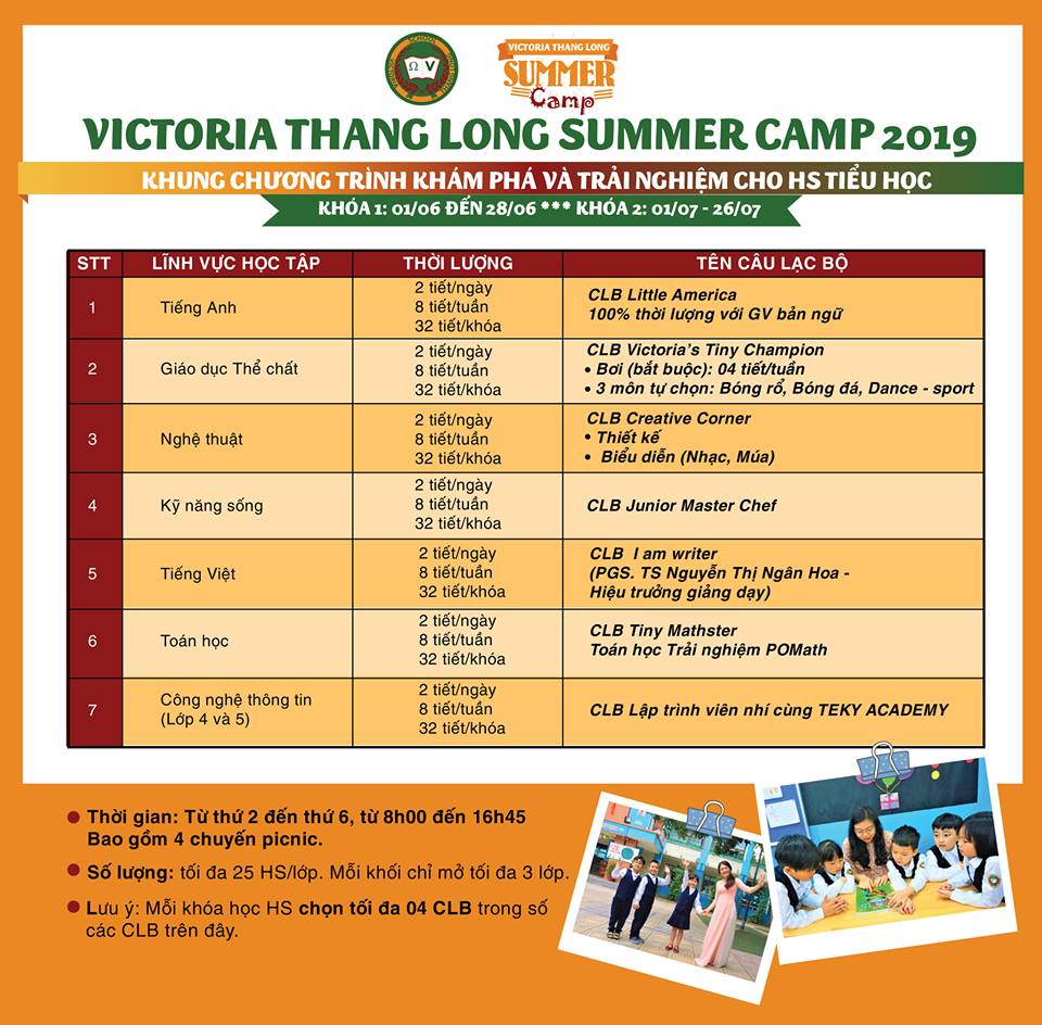 Thông tin Khóa học Trại hè Tiểu học (Lớp 2-5): Victoria Thăng Long Summer Camp 2019
