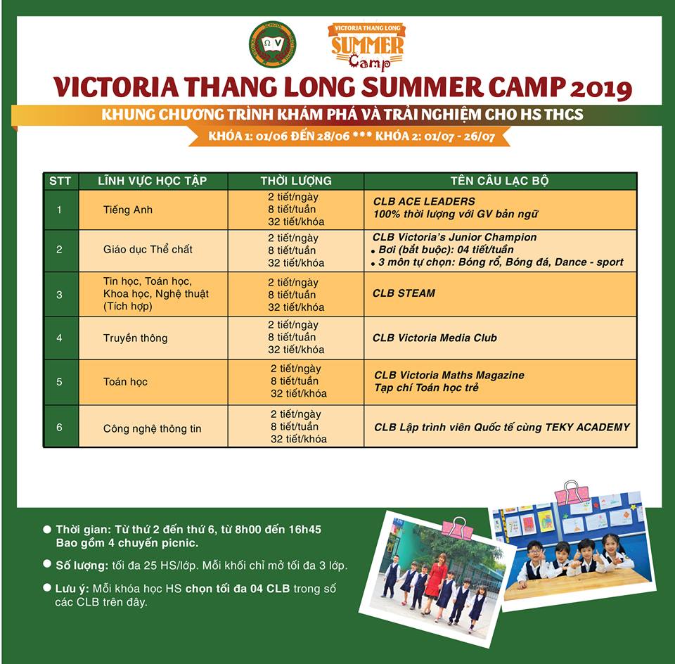 Thông tin Khóa học Trại hè THCS (Lớp 6): Victoria Thăng Long Summer Camp 2019