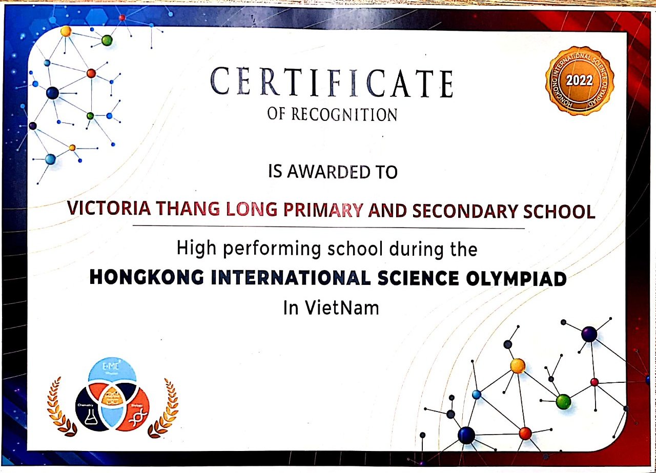 VIC SCHOOL NHẬN BẰNG KHEN VÀ KỶ NIỆM CHƯƠNG TỪ BAN TỔ CHỨC CUỘC THI OLYMPIC KHOA HỌC QUỐC TẾ – HKISO 2022