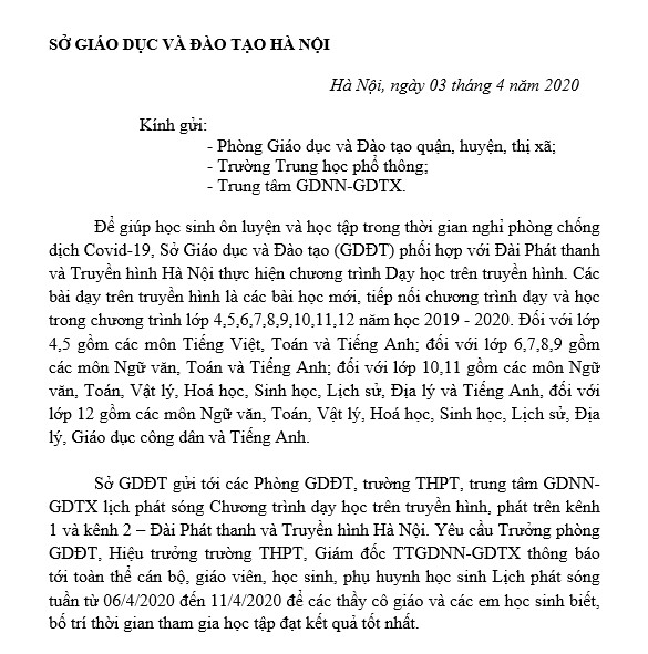 Thông báo của Sở GD&ĐT về lịch phát sóng dạy học trên truyền hình (dành cho các lớp 4, lớp 5 và khối THCS)