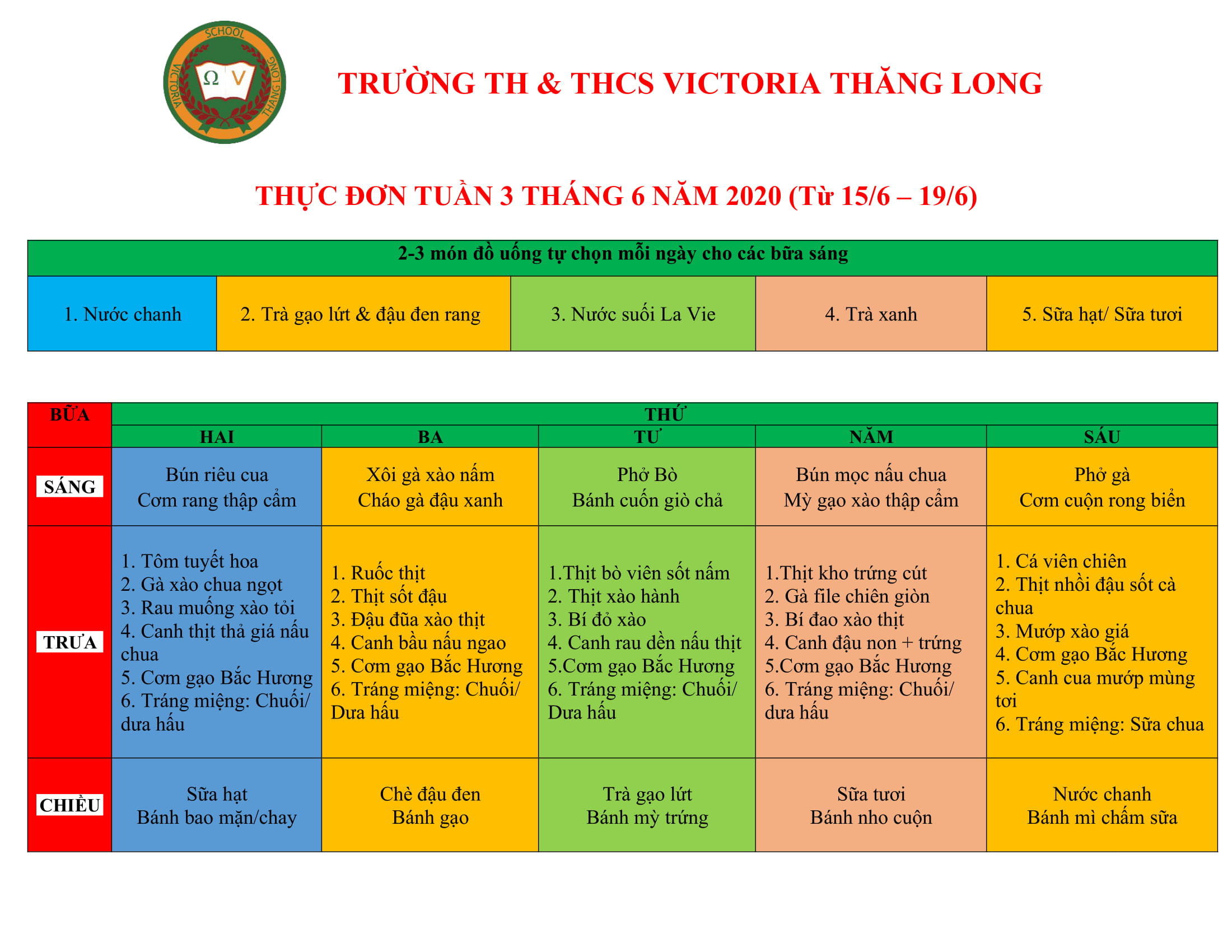 Thực đơn Victoria Thăng Long School – Tuần 3 tháng 6 năm 2020