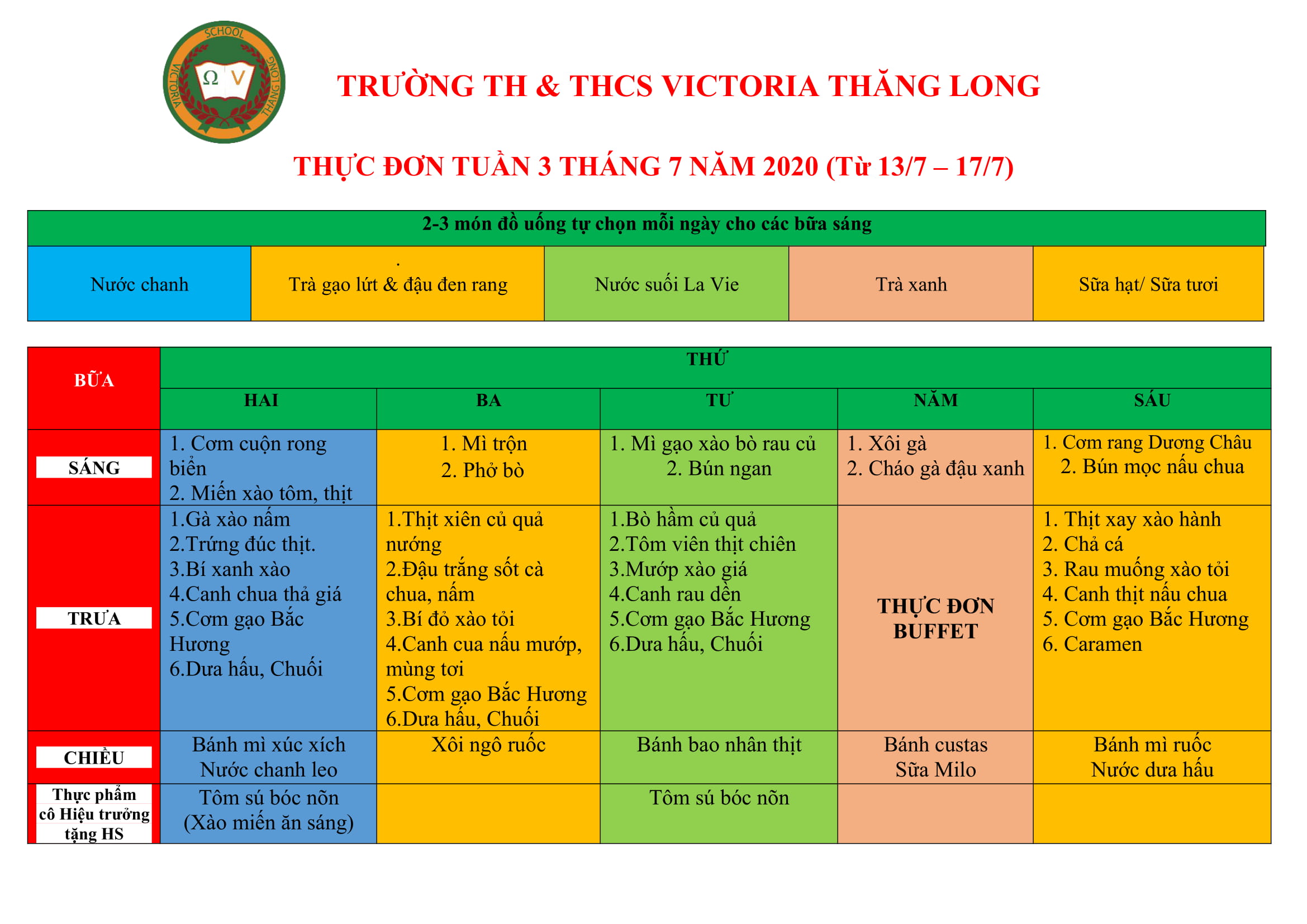 Thực đơn tuần 3 tháng 7/2020