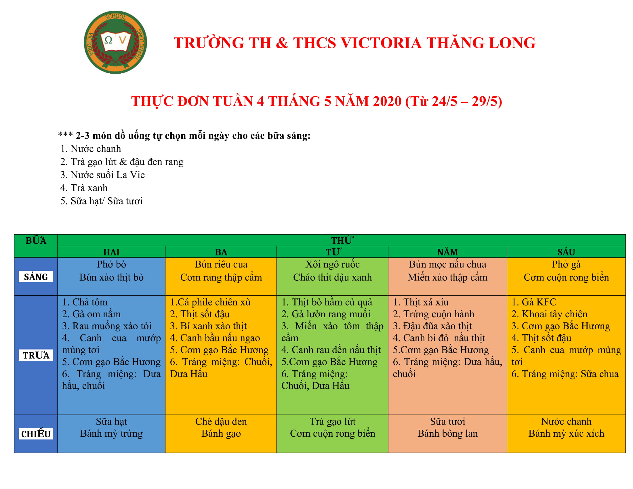 THỰC ĐƠN VICTORIA THANG LONG SCHOOL, TUẦN 4 – THÁNG 5/2020
