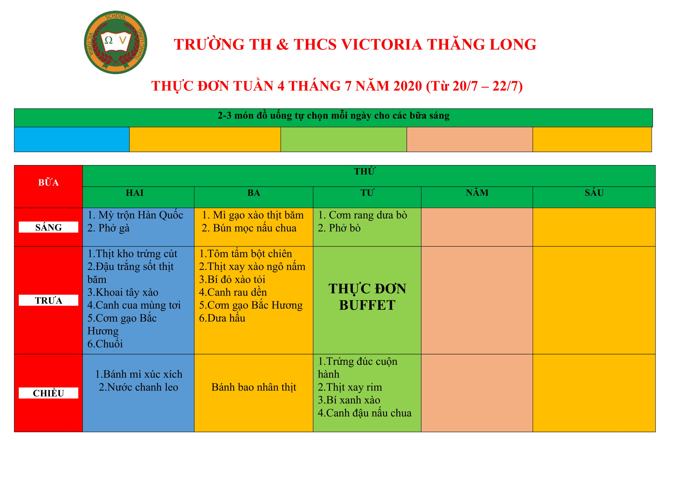 Thực đơn tuần 4 tháng 7/2020 (20 – 22/7)