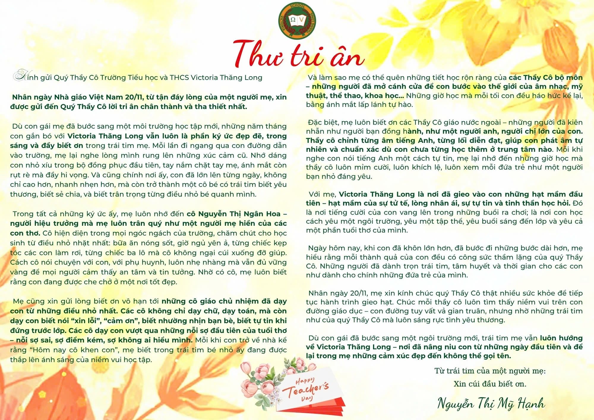 KÍNH GỬI QUÝ THẦY CÔ TRƯỜNG TIỂU HỌC VÀ THCS VICTORIA THĂNG LONG