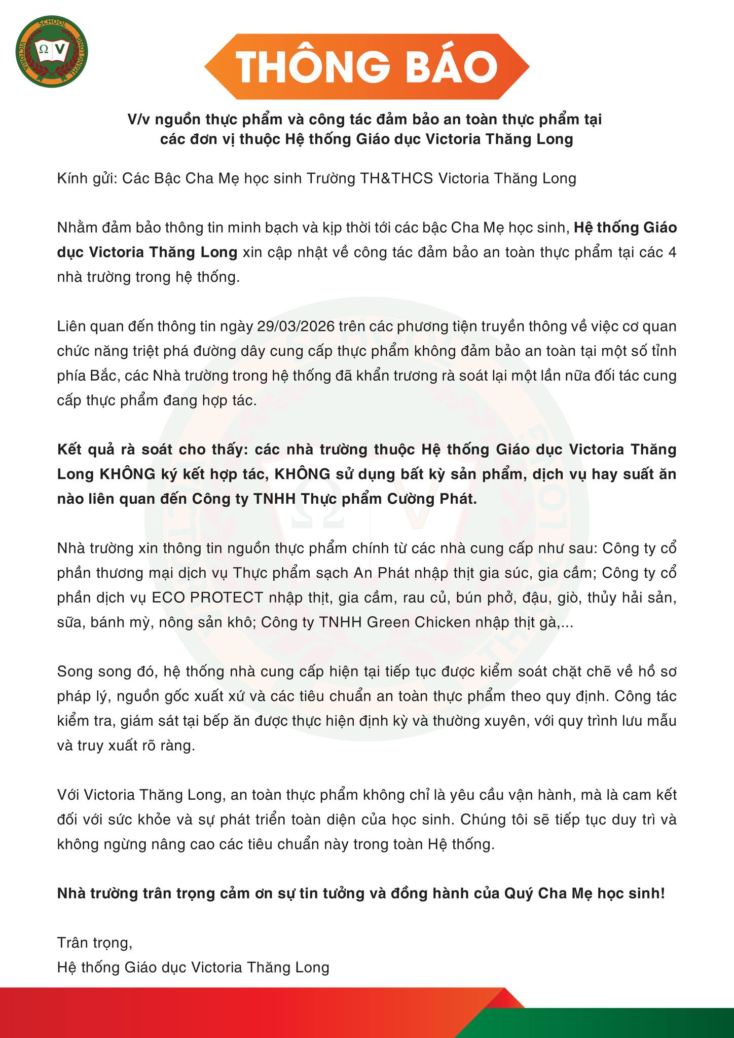 THÔNG BÁO VỀ NGUỒN THỰC PHẨM VÀ CÔNG TÁC ĐẢM BẢO AN TOÀN THỰC PHẨM TẠI CÁC ĐƠN VỊ THUỘC HỆ THỐNG GIÁO DỤC VICTORIA THĂNG LONG